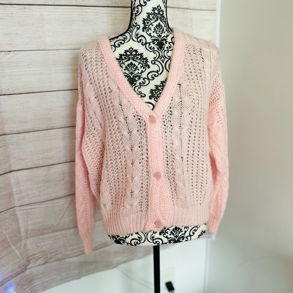 DEB Vintage Women’s Light Pink Cable Knit V-Neck Cardigan Sweater Size S